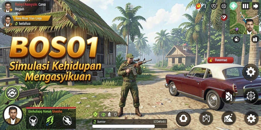 Screenshot utama BOS01 menampilkan berbagai aktivitas gameplay simulasi.