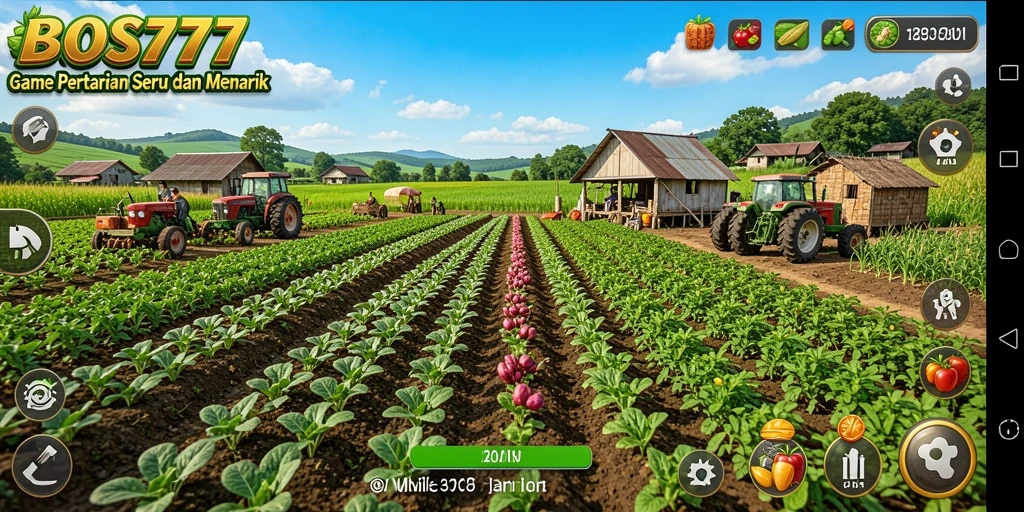 Tampilan utama gameplay <strong>BOS777</strong> dengan suasana pertanian yang hidup.