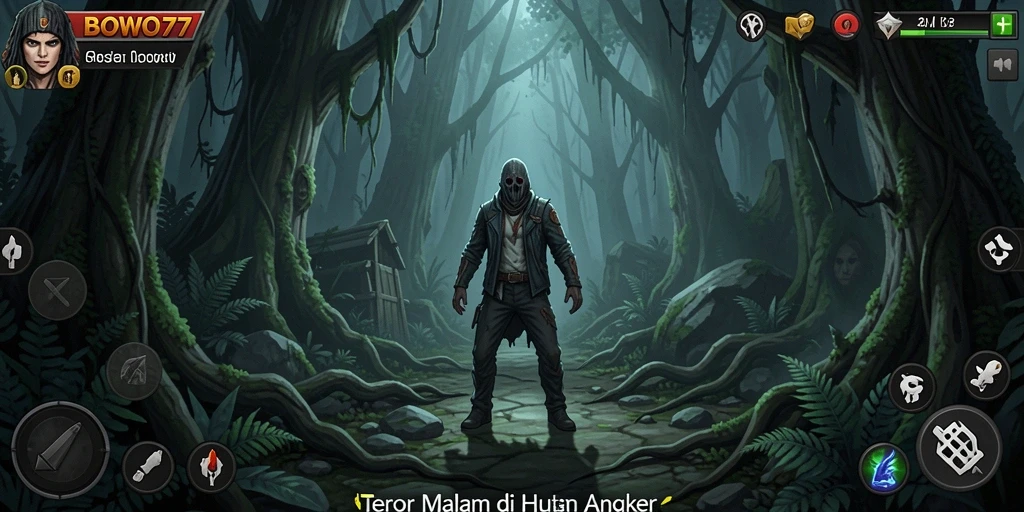Gameplay mencekam BOWO77 dengan suasana hutan angker.