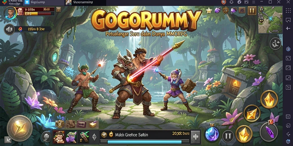 Tangkapan layar GOGORUMMY menampilkan aksi seru dalam pertempuran melawan monster besar.