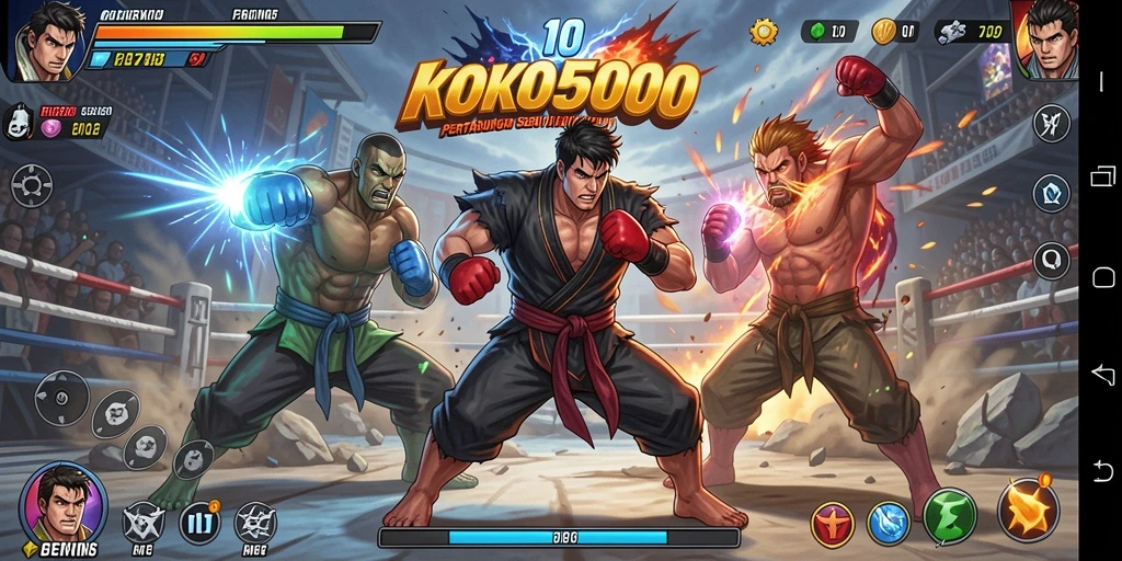 Tangkapan layar gameplay KOKO5000 menampilkan pertarungan seru antar karakter.